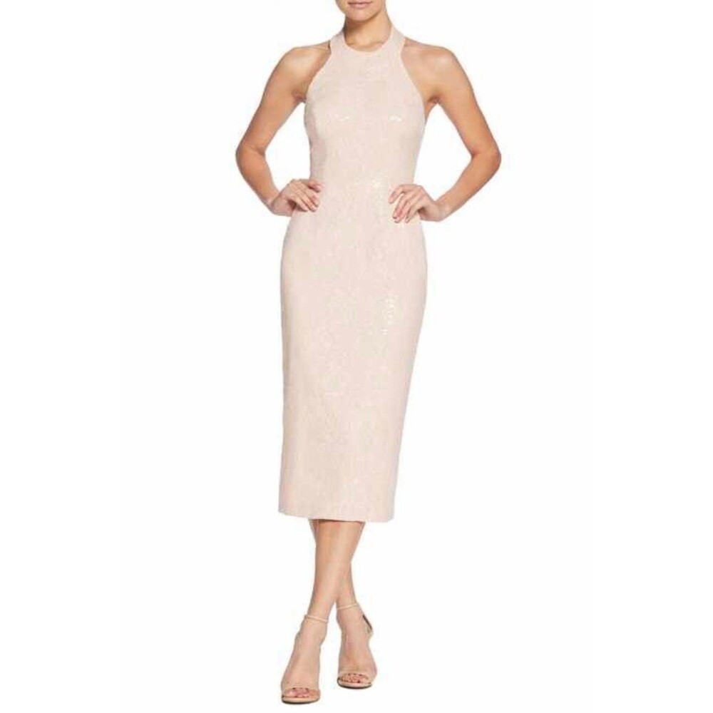 Dress The Population Cassie Sequin Floral Sheath Dress Size L Pink Halter Neck